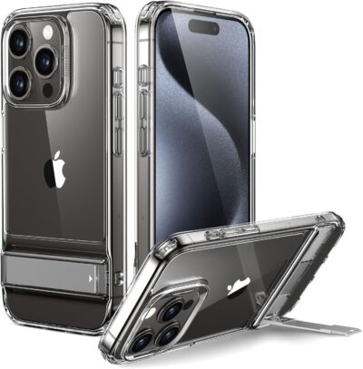 ESR for iPhone 15 Pro Max Case, Metal Kickstand Case, 3 Stand Modes, Military-Grade Drop Protection, Supports Wireless Charging, Slim Back Cover with Patented Kickstand, Boost Series, Clear