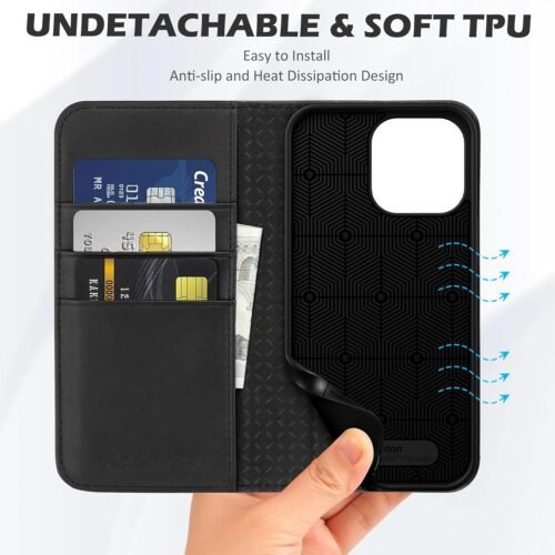 SHIELDON Case for iPhone 14 Pro Max 5G 6.7", Genuine Leather Wallet Flip Cover RFID Blocking Card Slots Magnetic Closure Case Compatible with iPhone 14 Pro Max 2022 - Black - 이미지 8