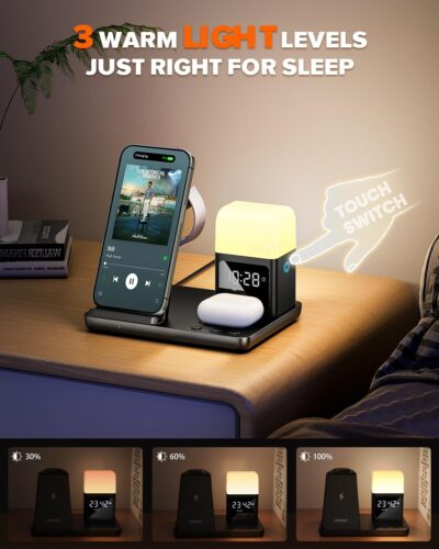 6 in 1 Wireless Charging Station for Apple Charging Station for Multiple Devices with Alarm Clock and Night Light nightstand for iPhone 16 15 14 13 for Apple Watch - 이미지 4