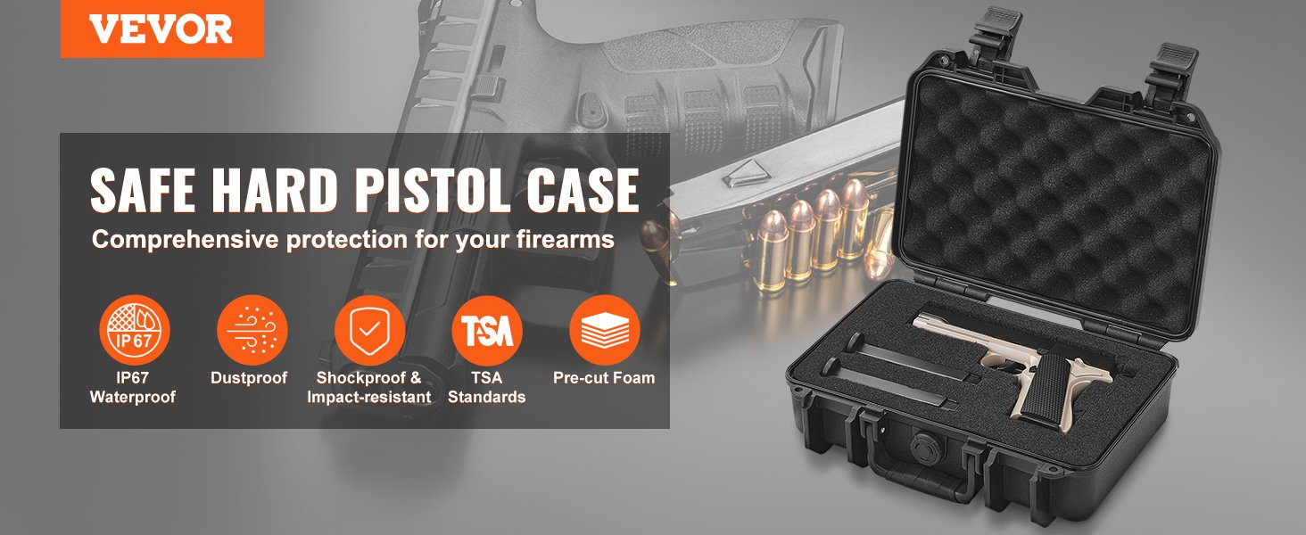VEVOR Hard Pistol Cases with Pre-cut PU Foam, Waterproof & Dustproof Hard Gun Case for 1 Pistol, 12.59×9.01×4.4 in Lockable Pistol Case, Black 10 VEVOR Hard Pistol Cases with Pre-cut PU Foam, Waterproof & Dustproof Hard Gun Case for 1 Pistol, 12.59×9.01×4.4 in Lockable Pistol Case, Black-