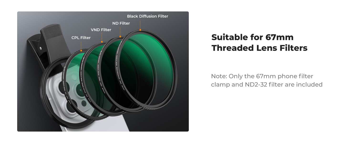 K&F Concept 67mm Clip-on ND2-32 Phone Camera Lens Filter Kit, Multi-Coated Variable Neutral Density Light Reduction Filter Compatible with iPhone 16 15 14 13 12 11 and Other Smart Phone 12 K&F Concept 67mm Clip-on ND2-32 Phone Camera Lens Filter Kit, Multi-Coated Variable Neutral Density Light Reduction Filter Compatible with iPhone 16 15 14 13 12 11 and Other Smart Phone-