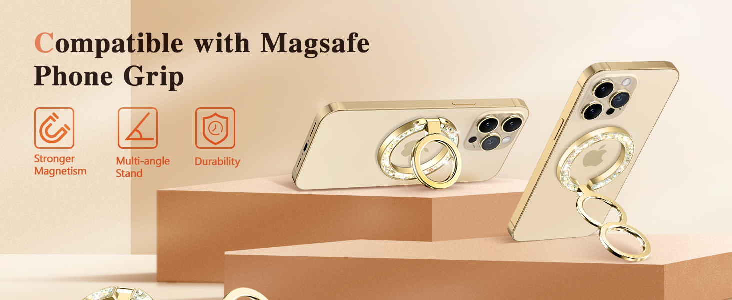 GVIEWIN Magnetic Phone Ring Holder, Compatible with MagSafe Phone Grip with Adjustable Stand, Magnet Phone Ring Kickstand for iPhone 16 Pro Max/Plus/15/14/13/12 Series/Other Phones (Glitter/Gold) 7 GVIEWIN Magnetic Phone Ring Holder, Compatible with MagSafe Phone Grip with Adjustable Stand, Magnet Phone Ring Kickstand for iPhone 16 Pro Max/Plus/15/14/13/12 Series/Other Phones (Glitter/Gold)-