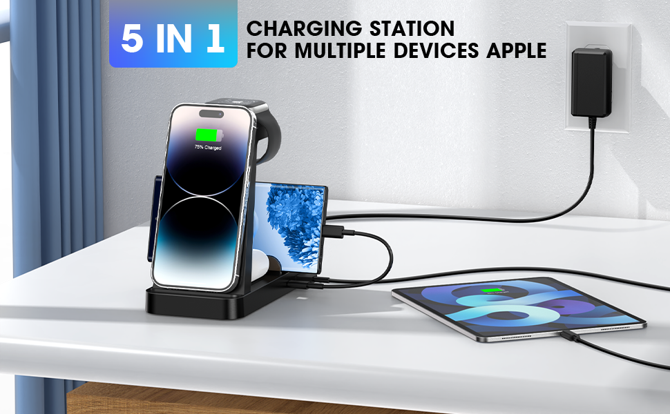 Wireless Charger for iPhone - 5 in 1 Charging Station for Multiple Devices Apple: Fast Wireless Charging Stand Dock for iPhone 16e 16 15 14 13 12 Pro Max Apple Watch Airpods 7 Wireless Charger for iPhone - 5 in 1 Charging Station for Multiple Devices Apple: Fast Wireless Charging Stand Dock for iPhone 16e 16 15 14 13 12 Pro Max Apple Watch Airpods-