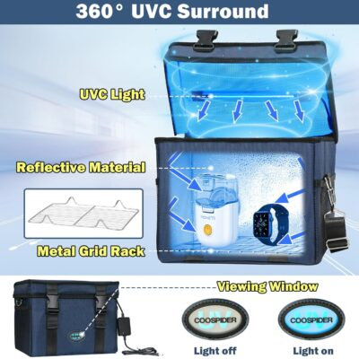 UVC Sanitizer Box Ozone Free with Timer, Portable Large Cleaner Bag with USB Port, UV Light Blue Tote for Mask, Cell Phone, Baby Bottle, Key, Towel 12L - 이미지 2