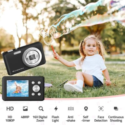 Digital Camera, FHD 1080P Compact Camera with 32GB Card，48MP Camera 2.4'' LCD 16X Digital Zoom for Kid Student Children Teen Girl Boy(Black) - 이미지 3