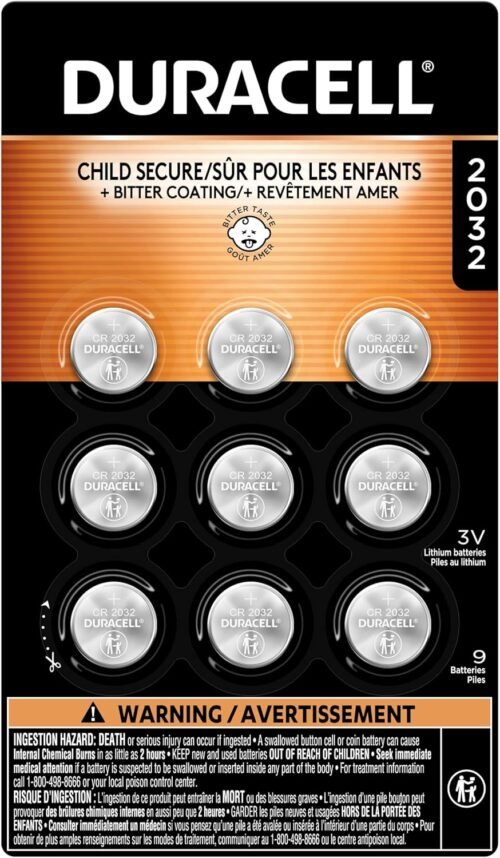 Duracell 2032 Lithium Battery, 9 Count (Pack of 1) Child Safety Features, Compatible with Apple AirTag, Key Fob, Tea Light Candles and Other Devices, CR2032 Battery, Lithium Coin Battery