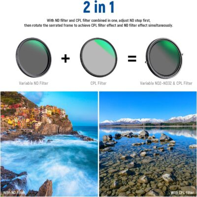 NEEWER 2 in 1 82mm Variable ND Filter ND2–ND32&CPL Filter(Circular Polarizer Filter) No X Cross/30 Layer Nano Coated/HD Optical Glass/Ultra Slim Aluminum Alloy Frame/Water Repellent/Scratch Resistant - 이미지 2