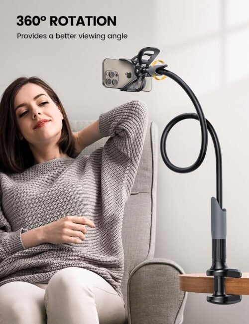 Lamicall Gooseneck Phone Holder for Bed - Cell Phone Mount Clamp Clip, Flexible Long Arm, Overhead Mount for Desk Headboard Bedside, for iPhone 16 Pro Max, 15 Pro Max, 14 Plus, 13 Mini & 4-7" Phone - 이미지 3