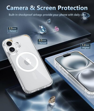 FNTCASE for iPhone 16 Case: Clear Magnetic Military Grade Drop Protection Anti Yellowing Slim Case - Rugged Shockproof Protective Transparent Cell Phone Cover(Clear) - 이미지 4