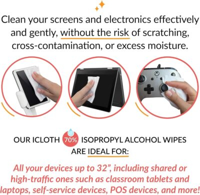 iCloth 70% Isopropyl Alcohol Large Screen and Electronics Wipes, Lint-Free, Streak-Free, Fast-Drying, Removes Dust and Fingerprints (50 Wipes) - 이미지 2