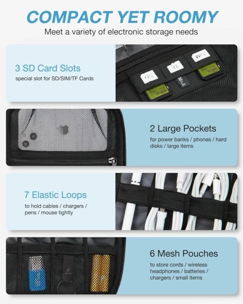 BAGSMART Electronics Travel Organizer Case, Tech Accessories Cord Storage Bag for Phone, Power Bank, SD Card, Cables, Black - 이미지 3