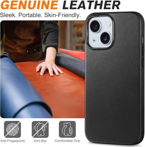 SHIELDON Case for iPhone 15 6.1", Genuine Leather Magnetic Wireless Charging Slim Fit Elegant Non-Slip Shockproof Protective Phone Case Cover with Metal Buttons Compatible with iPhone 15 2023 - Black - 이미지 3