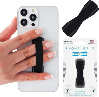 LOVEHANDLE Phone Grip for Most Smartphones and Mini Tablets, Black Elastic Strap with Black Base, LH-01Black