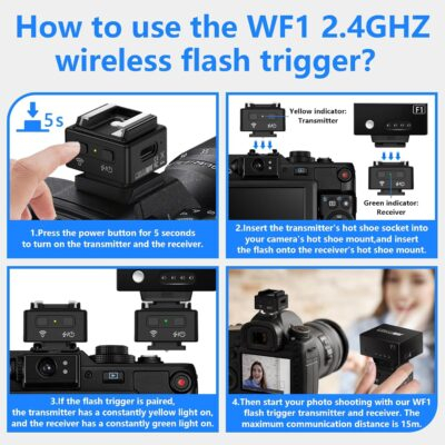 WF1 2.4G Wireless Flash Trigger for Canon Nikon Sony Pentax DSLR Cameras Wireless Flash Trigger Transmitter and Receiver for Camera Flashes with Hot Shoe Mount(Black). - 이미지 3