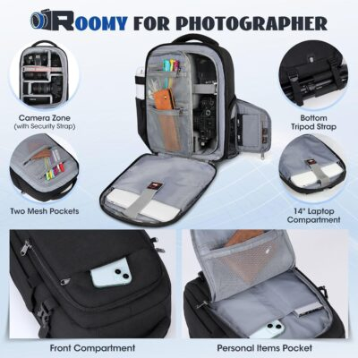 RAINSMORE Camera Backpack Camera Bag for Photographers DSLR SLR Mirrorless Camera Cases with Waterproof Rain Cover & Laptop Compartment Fits 14 Inch Laptop,Anti Theft Travel photography backpack,Black - 이미지 2