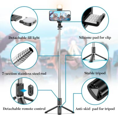 Portable 41 Inch Selfie Stick Phone Tripod with Wireless Remote Extendable Tripod Stand 360 Rotation Compatible with iPhone 14 13 12 11 pro Xs Max Xr X 8 7 6 Plus, Android Samsung Smartphone - 이미지 3