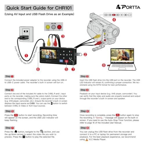 Portta VHS to Digital Converter, Video to Digital Recorder with Remote, Compatible with VHS, VCR, DVR, DVD, Cassette, Hi8, Mini DV Players, Camcorder, Gaming Consoles (Player not Included) - 이미지 8