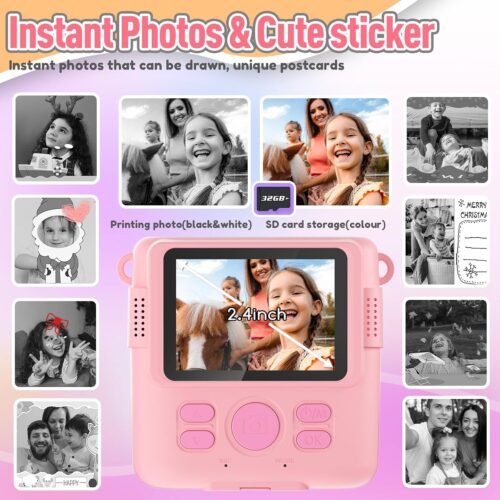 Instant Print Camera for Kids, Christmas Birthday Gifts Girls Boys Age 3-12, HD Digital Video Cameras Toddler, Portable Toy 3 4 5 6 7 8 9 10 Year Old Girl with 32GB SD Card-Pink - 이미지 3