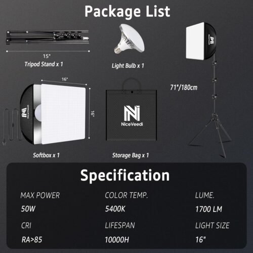 Softbox Lighting Kit, NiceVeedi 16'' x 16'' Softbox Photography Lighting Kit with 63” Tripod Stand & 5400K 450W Equivalent LED Bulb, Continuous Lighting for Photography/Video Record/Live Streaming - 이미지 7