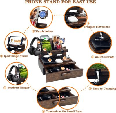 Gifts for Men Women Husband Son Boyfriend Him Nightstand Organizer Wood Phone Docking Station Birthday Gifts (Walnut) - 이미지 5