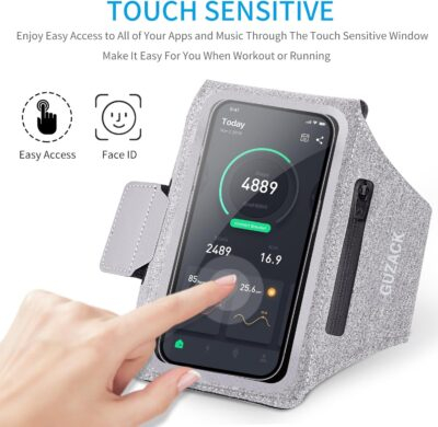 GUZACK Running Armband Case for iPhone 16/15/14/13/12/11 Pro Max, Galaxy S25/S24/S23/S22, Universal Cell Phone Arm Holder with Key Pocket & Card Slot, Gray - 이미지 4