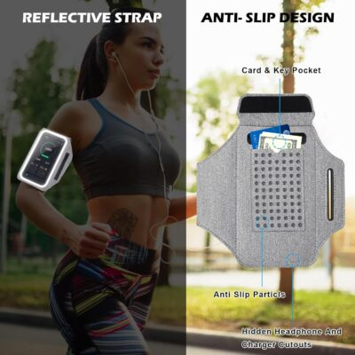 GUZACK Running Armband Case for iPhone 16/15/14/13/12/11 Pro Max, Galaxy S25/S24/S23/S22, Universal Cell Phone Arm Holder with Key Pocket & Card Slot, Gray - 이미지 6