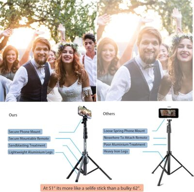 Fugetek 51" Professional Selfie Stick Tripod, 100% All Aluminum Stick & Legs, Lightweight, Detachable Bluetooth Remote, Portable All in One, Compatible with iPhone & Android, Non Skid Feet, Black - 이미지 3