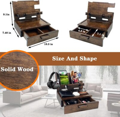 Gifts for Men Women Husband Son Boyfriend Him Nightstand Organizer Wood Phone Docking Station Birthday Gifts (Walnut) - 이미지 3