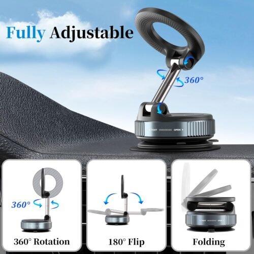 PlusAcc Vacuum Magnetic Phone Holder for Car - Suction Cup Phone Mount 360° Rotatable Foldable Portable Strong Magnet Stand for iPhone 16/15/14/13 in Gym, Mirror, Smooth Surface, All Vehicles - 이미지 4