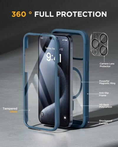 Miracase Magnetic for iPhone 15 Pro Max Case 6.7'' [Compatible with Magsafe] Full-Body Drop Proof Bumper Phone Case for iPhone 15 Pro Max with Built-in 9H Tempered Glass Screen Protector,Blue - 이미지 3