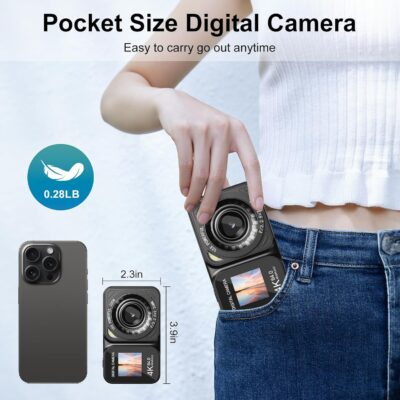 Digital Camera, 4K 64MP Dual Screens Camera, 18X Zoom, Point and Shoot Digital Camera with 64GB TF Card & 2 Batteries, Portable Rechargeable Small Camera for Kids Teens Adult, Black - 이미지 3