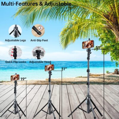 Fugetek 51" Professional Selfie Stick Tripod, 100% All Aluminum Stick & Legs, Lightweight, Detachable Bluetooth Remote, Portable All in One, Compatible with iPhone & Android, Non Skid Feet, Black - 이미지 5