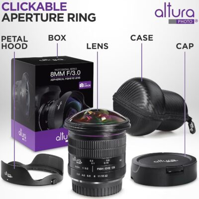 Altura Photo 8mm f/3.0 Professional Wide Angle Lens Aspherical Fisheye for Canon EOS 90D 80D 77D Rebel T8i T7 T7i T6i T6s T6 T100 SL2 SL3 DSLR Cameras with EF Mount - 이미지 3