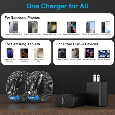 45W Super Fast Charger Type C, [2 Pack] 45 Watt USB-C Charger PD/PPS Wall Charging Block for Samsung Galaxy S25 Ultra/S25+/S25/S24/S23 Ultra/S23+/S22 Ultra/S22+/S20 Ultra, Tab S8(with 2X 6.6ft Cable) - 이미지 5