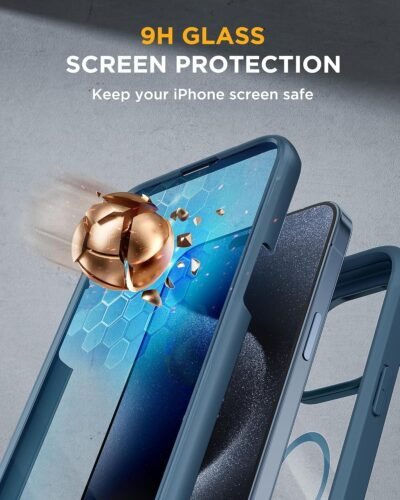 Miracase Magnetic for iPhone 15 Pro Max Case 6.7'' [Compatible with Magsafe] Full-Body Drop Proof Bumper Phone Case for iPhone 15 Pro Max with Built-in 9H Tempered Glass Screen Protector,Blue - 이미지 4