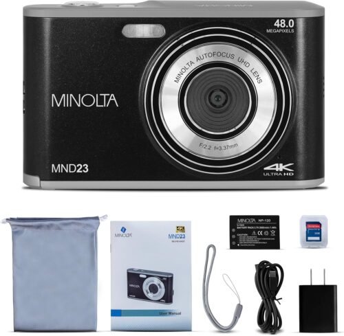 Minolta 48MP Digital Camera – 4K Ultra HD Video, Rear Selfie Lens, 2.8-inch LCD Screen, 16X Digital Zoom, Slow Motion, Autofocus, Time Lapse, Color Filters, Scene Modes, 32GB Card (Black) - 이미지 2