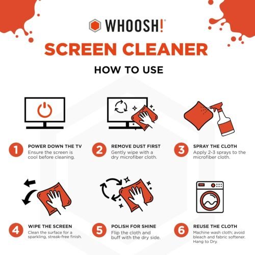 WHOOSH! Screen Shine Pro 16.9 fl oz Refillable TV Screen Cleaner with Microfiber Cloth - Streak-Free Cleaner for Flat Screen, OLED TV, LCD, Smart TV, and Monitors - Non-Toxic and Odorless Formula - 이미지 7
