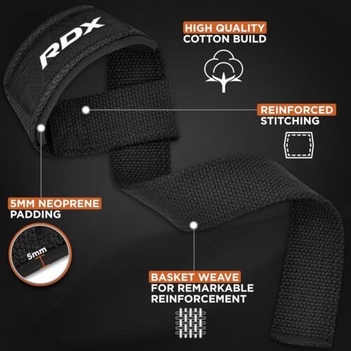 RDX Weight Lifting Straps Deadlifting Powerlifting, 5MM Neoprene Wrist Support, Anti Slip 60CM Hand Bar Grip, Heavy Duty Bodybuilding Weightlifting Workout, Soft Cotton, Strength Training Gym Fitness - 이미지 2