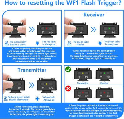 WF1 2.4G Wireless Flash Trigger for Canon Nikon Sony Pentax DSLR Cameras Wireless Flash Trigger Transmitter and Receiver for Camera Flashes with Hot Shoe Mount(Black). - 이미지 7