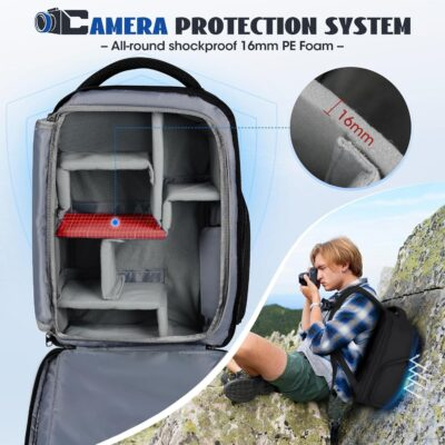 RAINSMORE Camera Backpack Camera Bag for Photographers DSLR SLR Mirrorless Camera Cases with Waterproof Rain Cover & Laptop Compartment Fits 14 Inch Laptop,Anti Theft Travel photography backpack,Black - 이미지 3