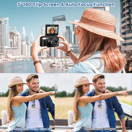 4K Digital Camera for Photography with 3" 180°Flip Screen,64MP Vlogging Camera for YouTube, HD WiFi Compact Camera with Flash, 18X Digital Zoom, 32GB TF Card & 2 Batteries（Black） - 이미지 2