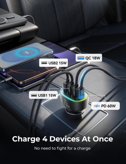 USB C Car Charger Cigarette Lighter Adapter, 75W 4-Port Fast Car Charger Fast Charging for iPhone16/15/14/13 Series, Samsung Galaxy S25/S24 Ultra, iPad Air, Google Pixel - 이미지 9