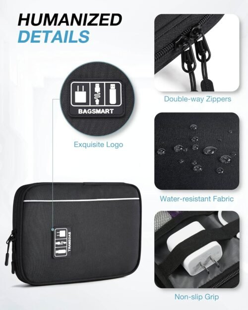 BAGSMART Electronics Travel Organizer Case, Tech Accessories Cord Storage Bag for Phone, Power Bank, SD Card, Cables, Black - 이미지 4