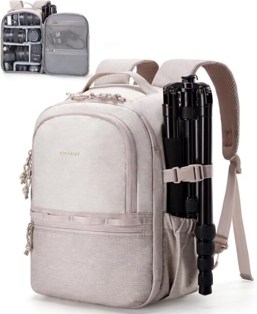 BAGSMART Camera Backpack, DSLR SLR Small Camera Bags for Photographers Compatible for Sony Canon Nikon, Shoulder Strap 2-in-1 Travel Backpack Fits 12.9" iPad, Beige