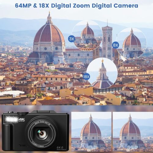 4K Digital Camera for Photography with 3" 180°Flip Screen,64MP Vlogging Camera for YouTube, HD WiFi Compact Camera with Flash, 18X Digital Zoom, 32GB TF Card & 2 Batteries（Black） - 이미지 3