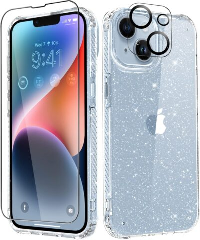 MIODIK for iPhone 14 Case with Screen Protector + Camera Lens Protector, [Non-Yellowing] Clear Glitter Phone Case, [Military-Grade Protective] Shockproof Women Cover for 6.1 Inch - Sparkle Clear