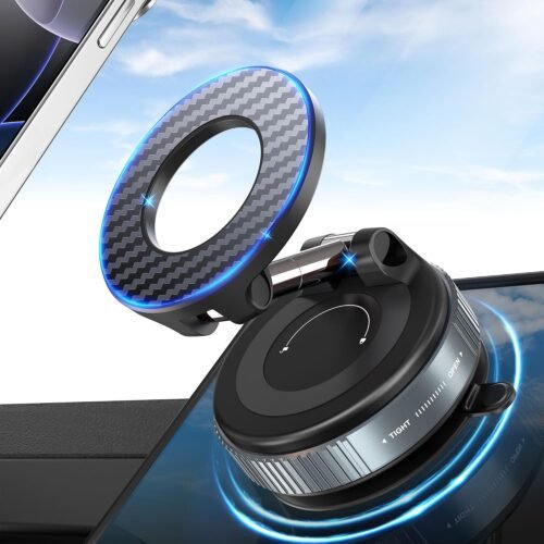 PlusAcc Vacuum Magnetic Phone Holder for Car - Suction Cup Phone Mount 360° Rotatable Foldable Portable Strong Magnet Stand for iPhone 16/15/14/13 in Gym, Mirror, Smooth Surface, All Vehicles