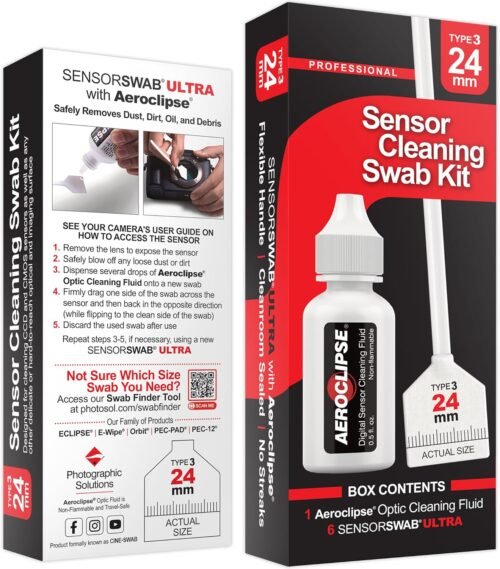 Sensor Cleaning Swab Kit - Aeroclipse Non-Flammable Optic Cleaning Solution (0.5oz/15ml) + Type-3 Sensor Swab Ultra 24mm (Pack of 6) - for Full Frame CMOS and CCD Sensors - Dust & Oil Remover