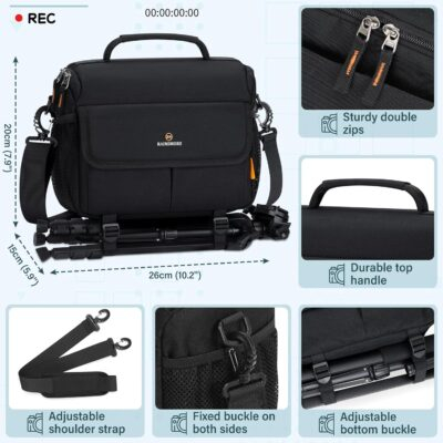 RAINSMORE Camera Bag for DSLR SLR Mirrorless Camera,Small Camera Sling Bag for Photographers Waterproof Camera Case with Tripod Holder Compact Camera Bag Crossbody with Rain Cover Black - 이미지 5