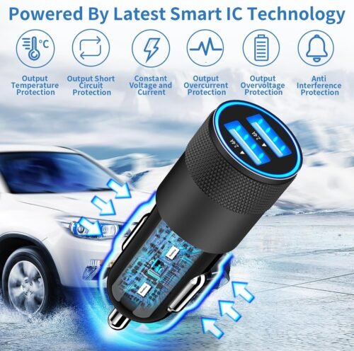 【MFi Certified】iPhone Car Charger Fast Charging, Rombica 4.8A Dual USB Smart Power Cigarette Lighter USB Car Charger with 2Pack Lightning Braided Cable for iPhone 14 13 12 11 Pro XS Mini XR X SE iPad - 이미지 5